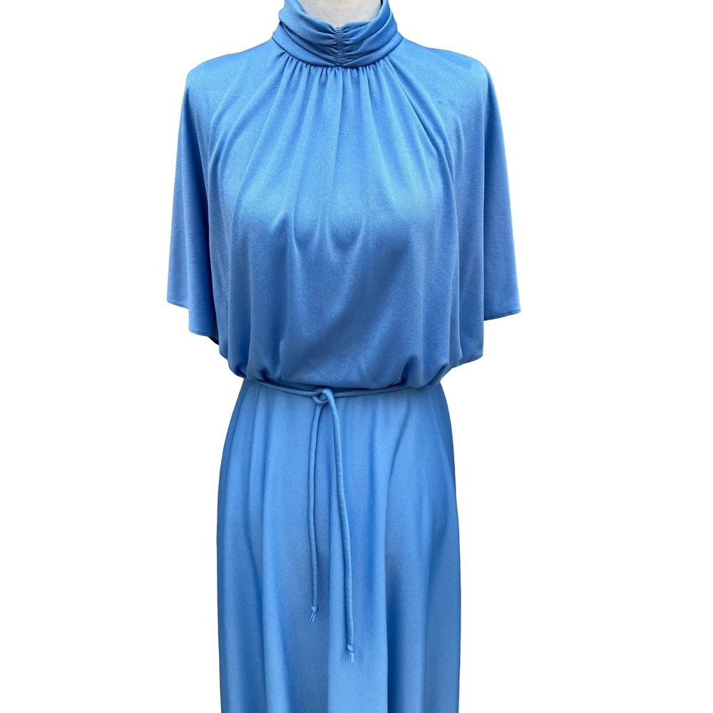 Vintage 70s Blue Mock Neck Cape Sleeve Maxi Dress Disco Gown Tie Waist Blue - Picture 2 of 14